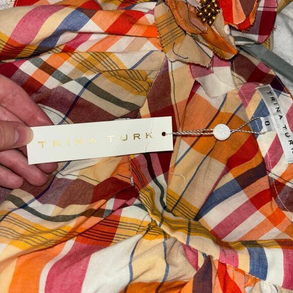 Trina Turk Reyes One Shoulder Plaid Dress with Detachable Flower – Size 0 – NWT - Picture 12 of 14